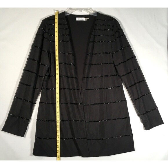 Calvin Klein Womens Large Black Poly Mesh Beaded Line Open Front Coat Cardigan - Picture 7 of 13